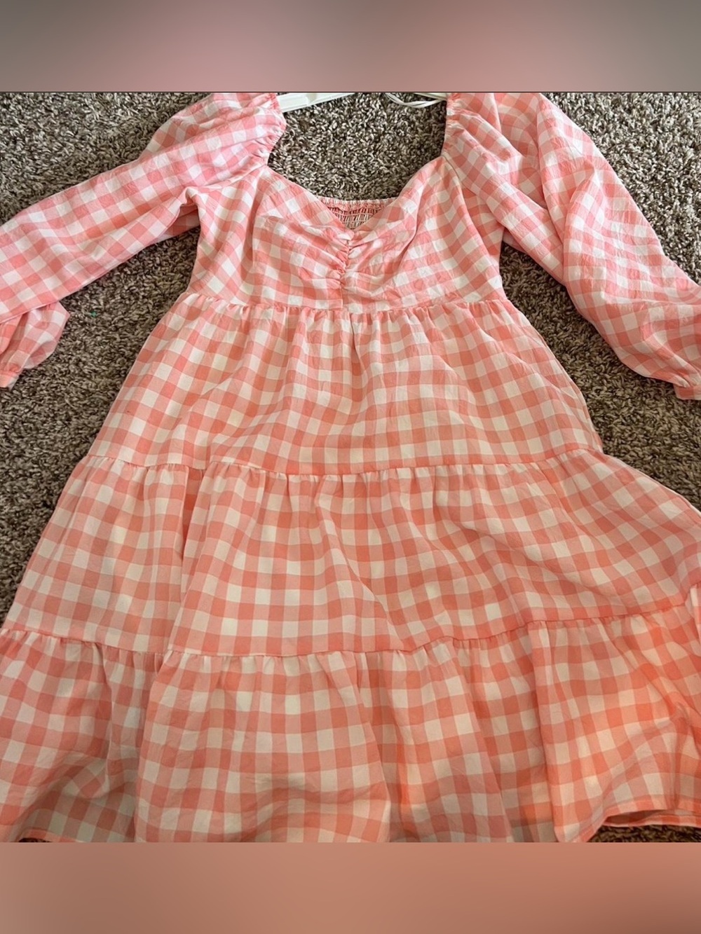 Pink Gingham Tiered Long-Sleeve Dress